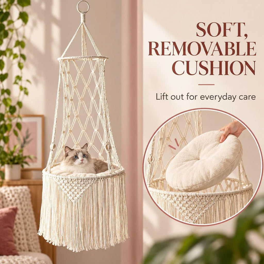 Macrame Cat Bed Hanging, Handwoven Boho Hanging Cat Bed