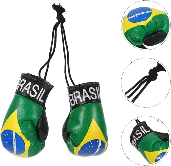 Brazil Flag Mini Boxing Gloves Keychain Pair Hanging Decor PVC Cotton Build, for Bags and Keys, Patriotic Style, Fine Workmanship, 1 Pair Set
