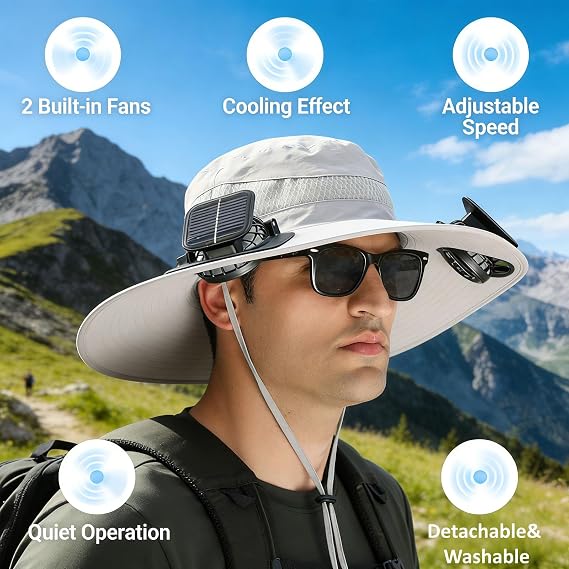 Solar Powered Fan Hat, Wide Brim Bucket Hat with Fan, Solar & USB Charging for Beach Gardening Travel