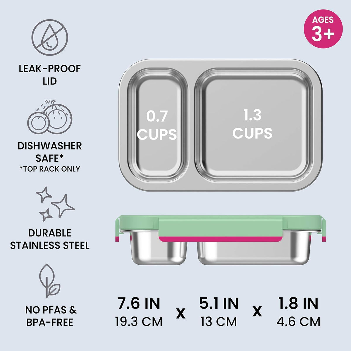 Stainless Steel Snack Box, Leak-Proof, 2 Compartments, 2-Cup Capacity