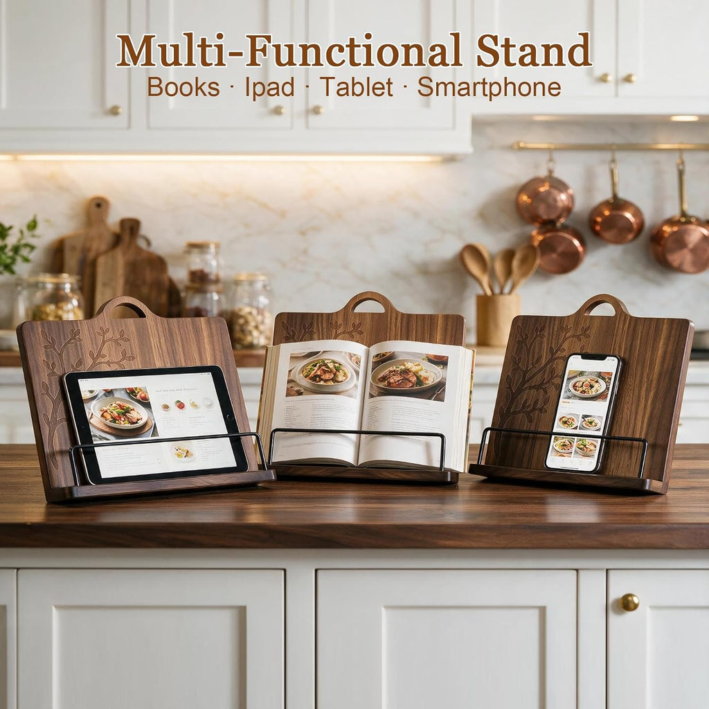 Acacia Wood Cookbook Stand for Kitchen Counter - Wooden Recipe Book Holder