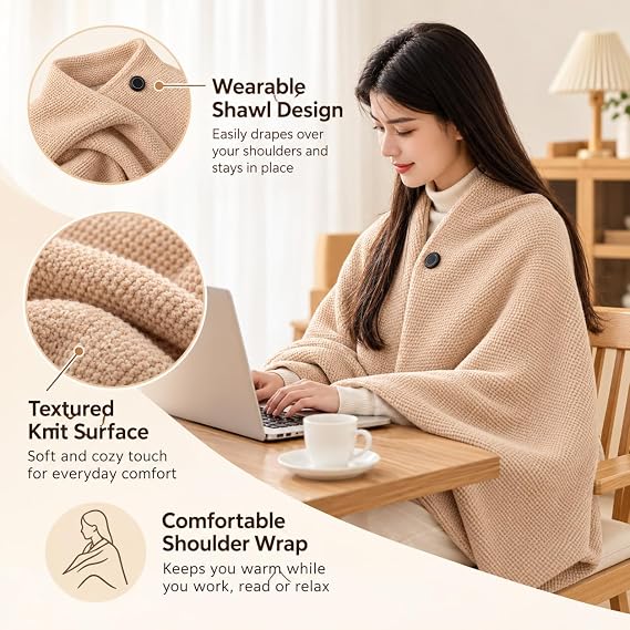 Heated Shawl, Wearable Heated Blanket with 8 Panels, 3 Heat Levels, USB 8 carbon-fiber heating panels in 4 center zones with 3 heat levels; requires a 5V/2A USB power source.