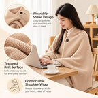 Heated Shawl, Wearable Heated Blanket with 8 Panels, 3 Heat Levels, USB 8 carbon-fiber heating panels in 4 center zones with 3 heat levels; requires a 5V/2A USB power source.