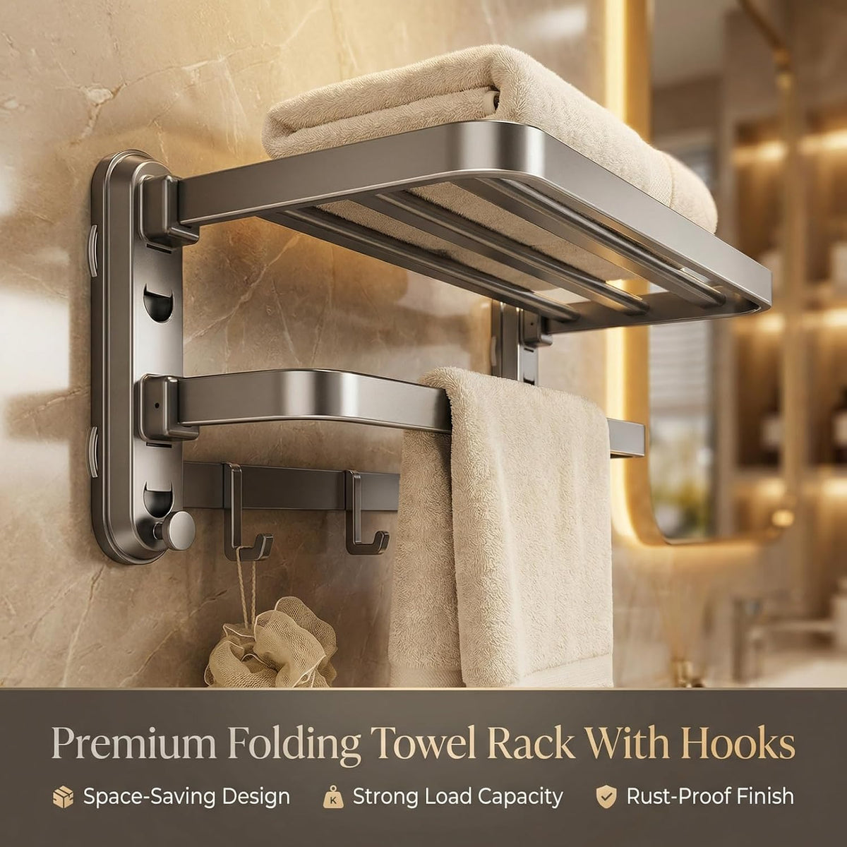 Bathroom Towel Rack, Double Foldable Wall Mounted Shelf with Suction Cups and Hooks