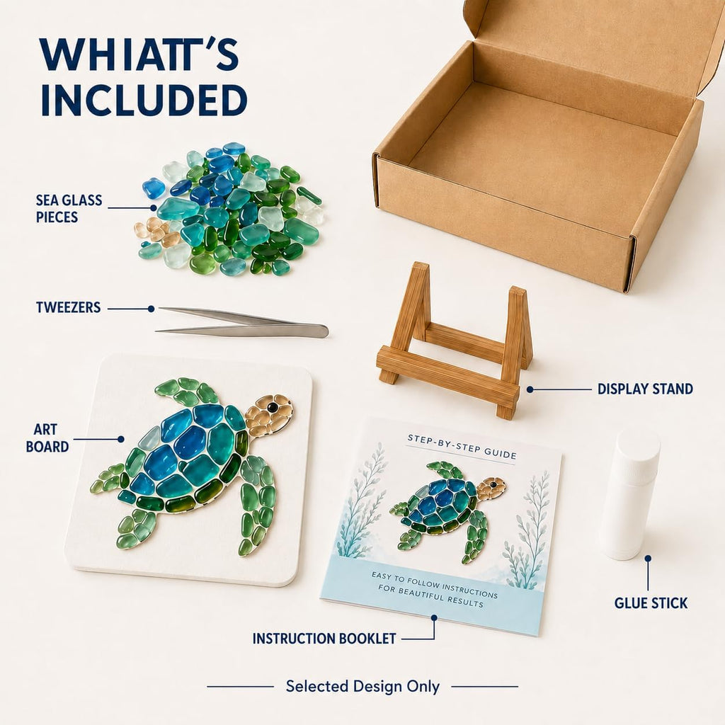 DIY Sea Glass Art Kit, Mosaic Craft Kit with Board, Stand and Glue (Type A) Sea glass art kit with board, stand, tweezers, instructions and glue stick for creating an ocean-inspired display.