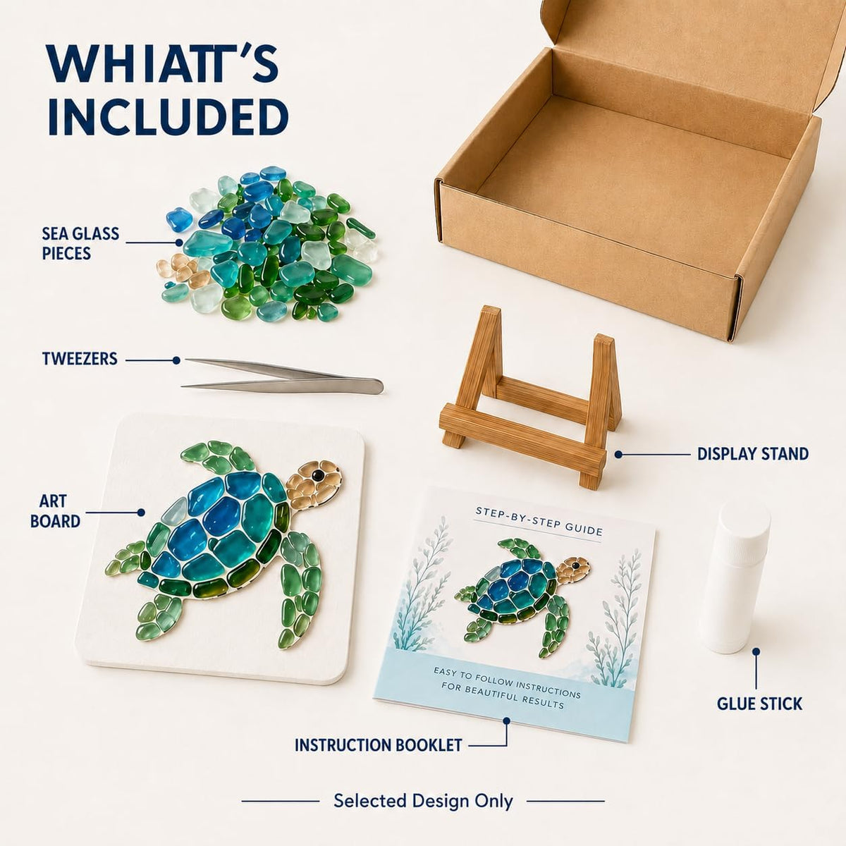 DIY Sea Glass Art Kit, Mosaic Craft Kit with Board, Stand and Glue (Type A) Sea glass art kit with board, stand, tweezers, instructions and glue stick for creating an ocean-inspired display.