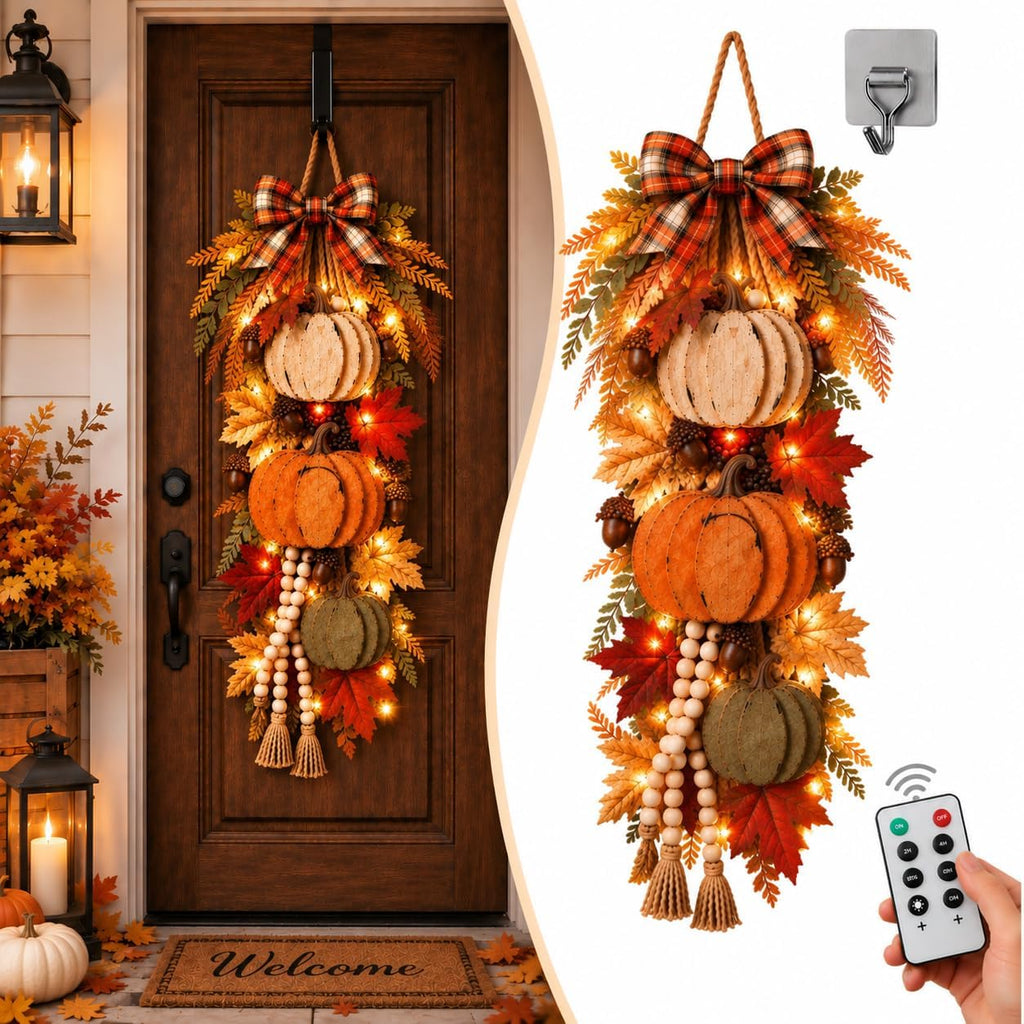 Fall Pumpkin Door Hanger with Lights, Thanksgiving Harvest Door Decor