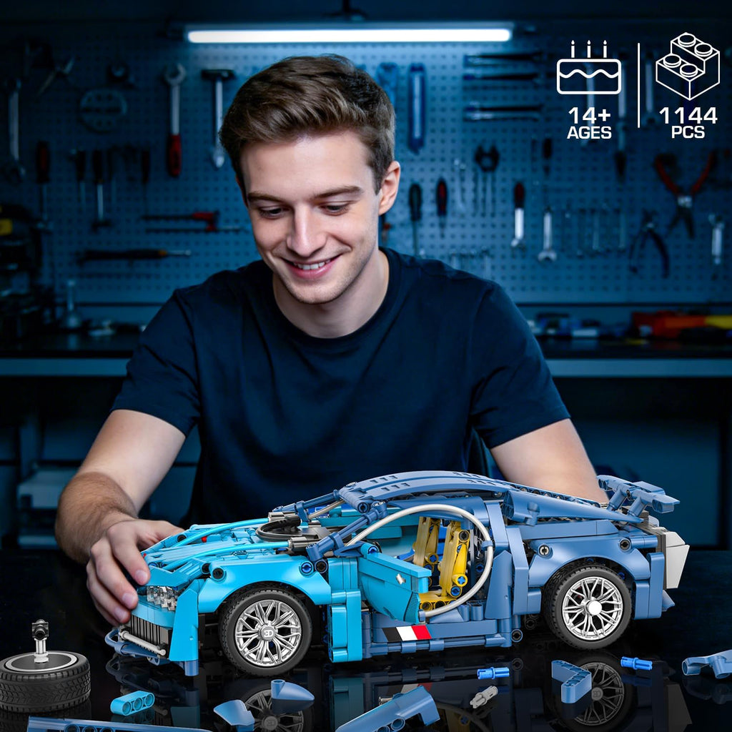 Blue Race Car Building Blocks, 1:14 Supercar Model Kit, 1,144 Pieces