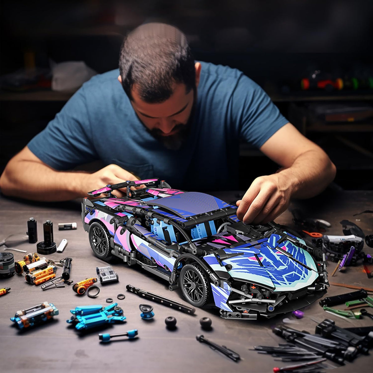 1:14 Sport Car Building Blocks, Technical Racing Model with LED Lights