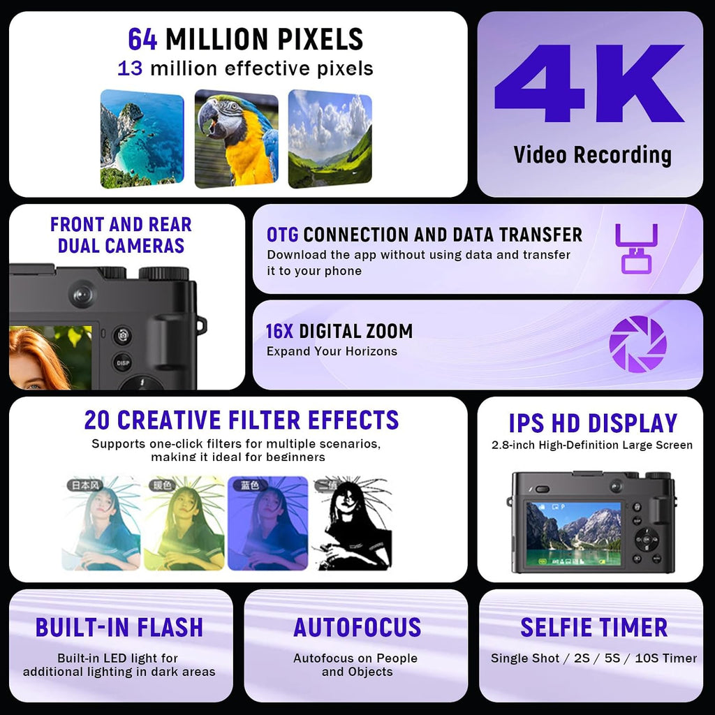 4K Digital Camera, Autofocus Point-and-Shoot Camera