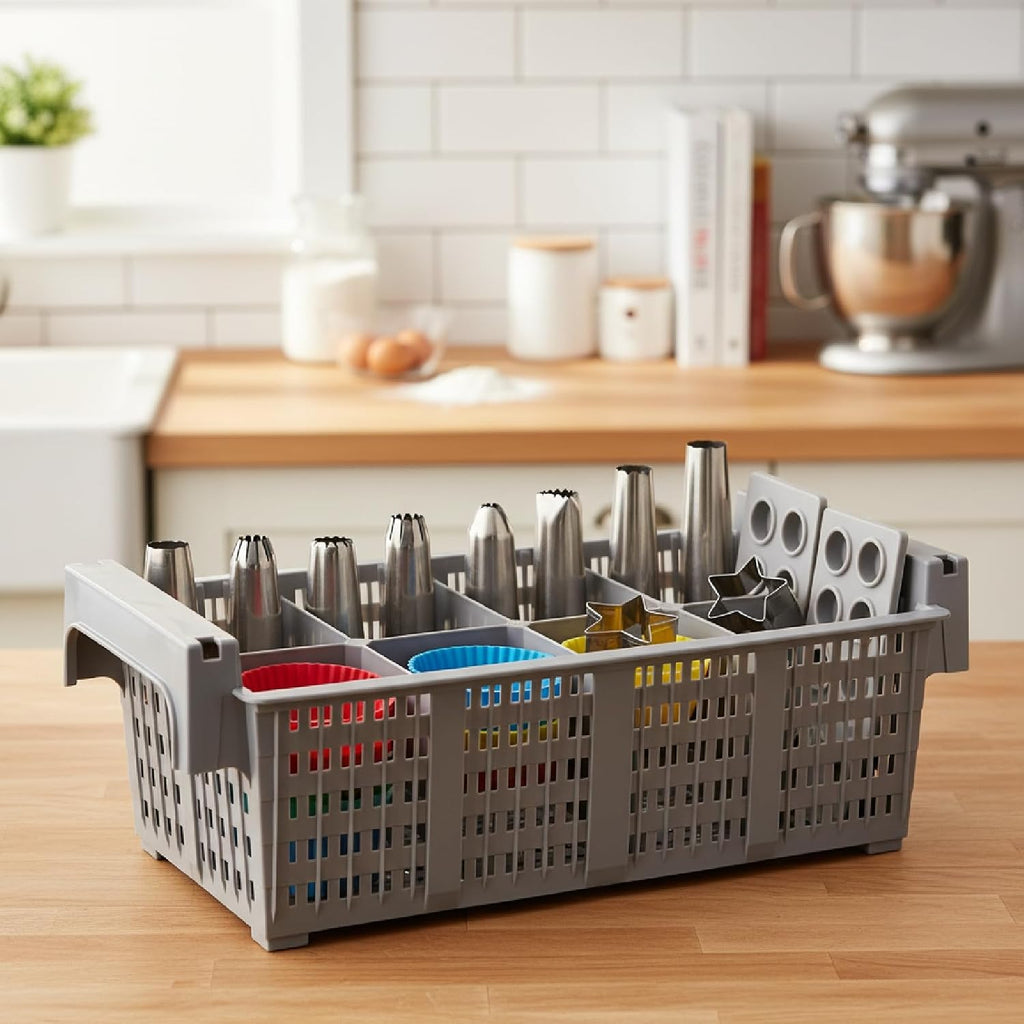 Commercial Dishwasher Rack, 8-Compartment Silverware Drying Basket with Drain Holes, Gray