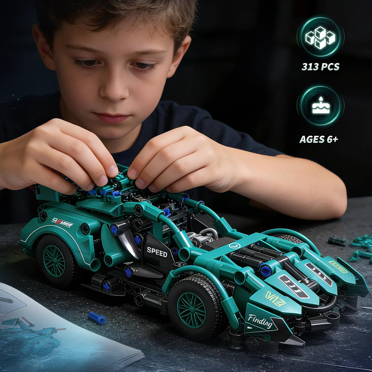 1:18 Futuristic Sports Car Building Blocks, 313-Piece Model Kit