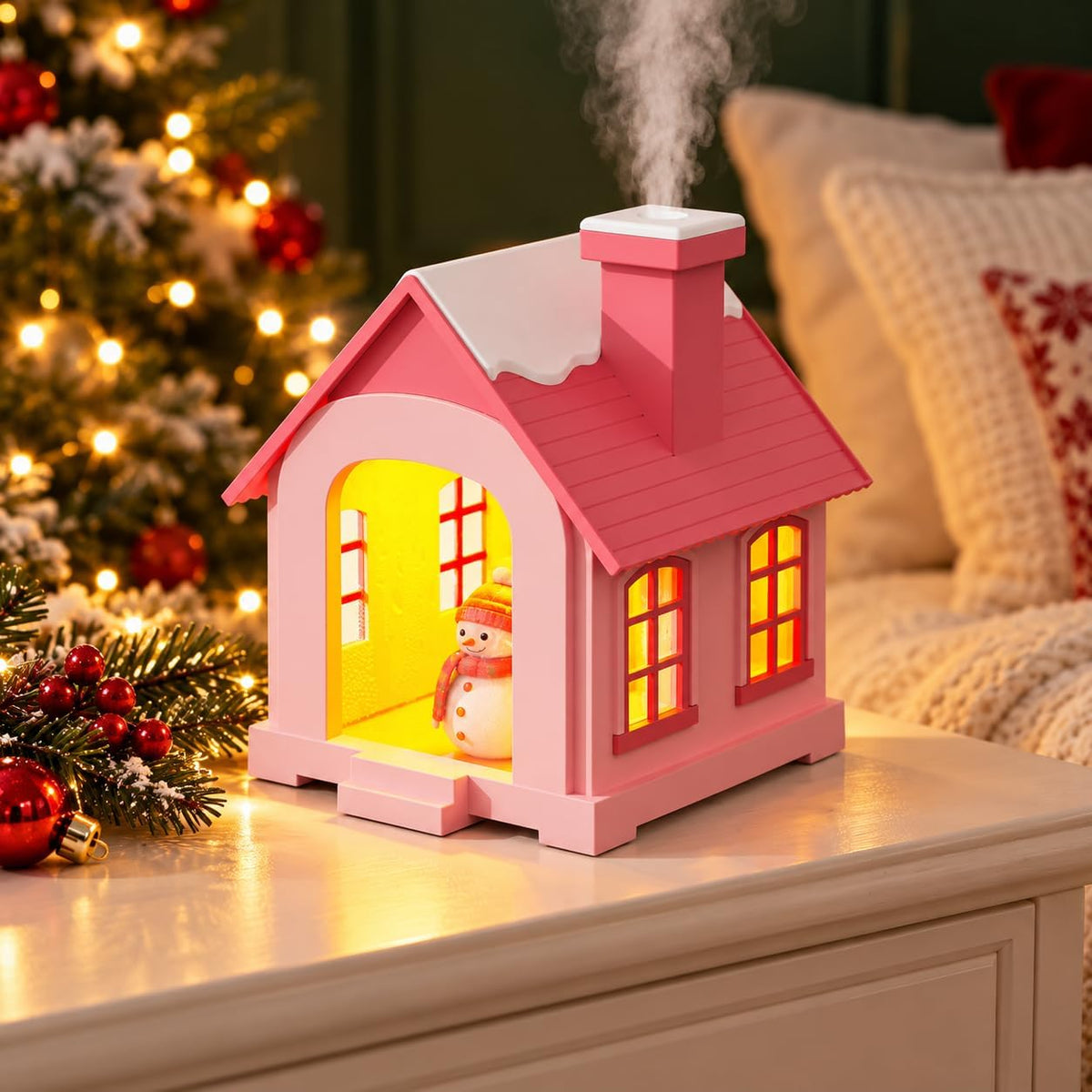 christmas village humidifier, 500ml Snow House with Light & Chimney Mist