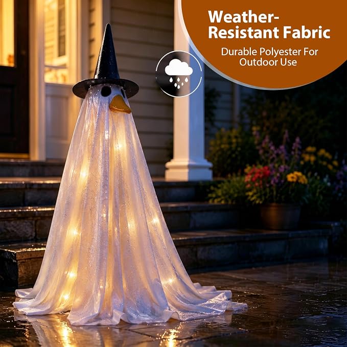 Halloween Goose Outfits, Porch Goose Lighted Ghost Clothes, 23 inch Spooky Ghost Goose Costume with Hat and String Lights, Outdoor Porch Yard Decor
