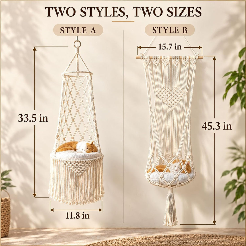 Macrame Cat Bed Hanging, Handwoven Boho Hanging Cat Bed