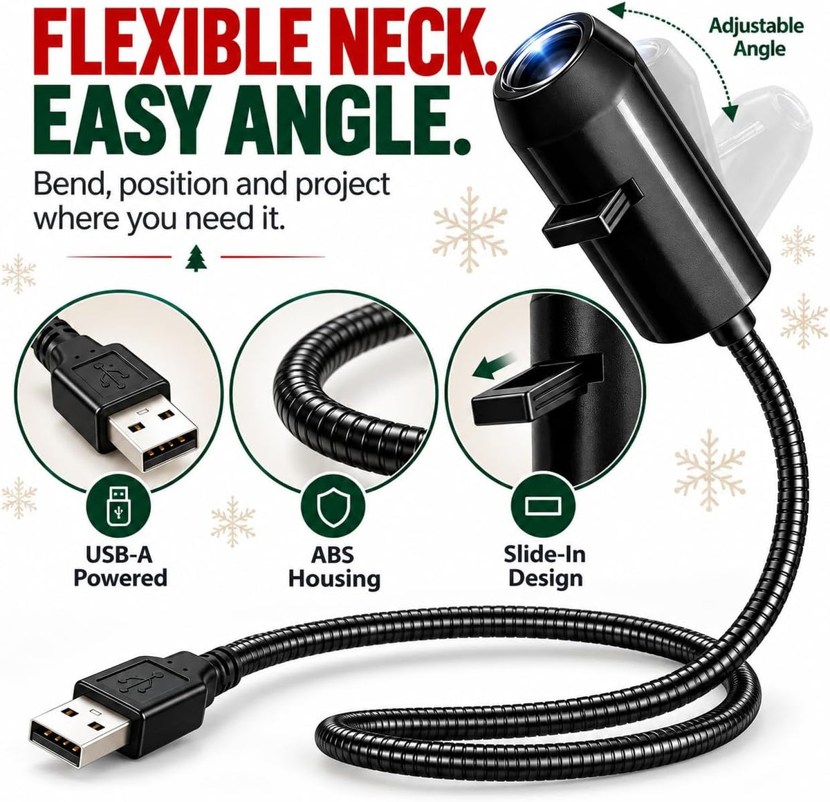 Plug and Play HD Christmas Projector, USB Christmas Projector Indoor USB 5V, 3W projector with flexible neck, slide accessory, and up to 9.2 ft projection distance for indoor holiday displays.
