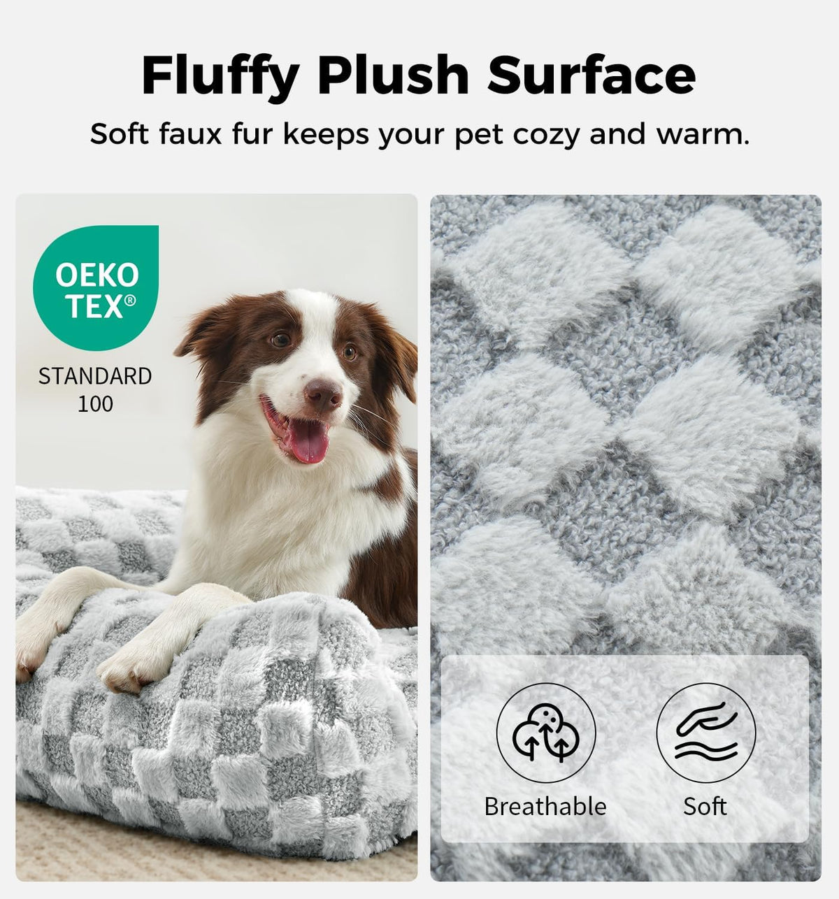 Made4Pets Faux Fur Pet Sofa Bed, Cozy Checkered Couch with Washable Cover, Grey