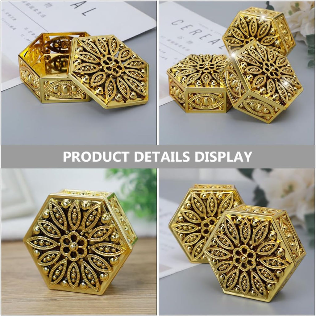 12 pcs Hexagonal Candy Gift Boxes Hollow Out Jewelry Wrapping Box for Wedding Favors Christmas Parties Candy Container Packaging 2.36 X 2.36 X 1.18 in Gold