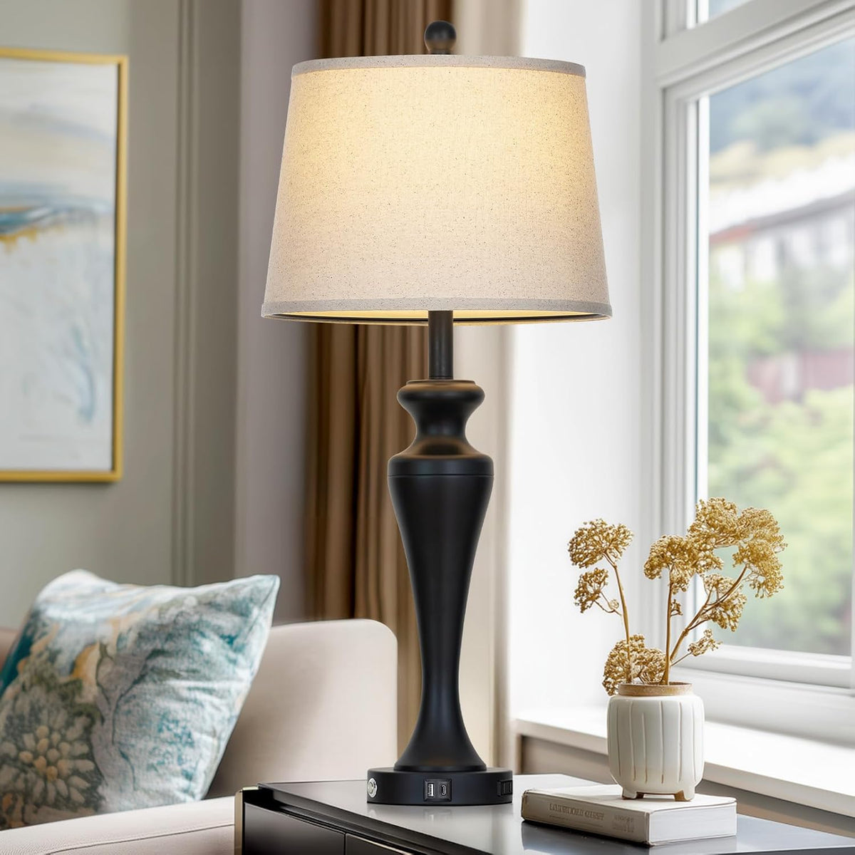 30" Black Table Lamps | Set of 2 | Touch Control | 3-Way Dimmable | USB A+C Ports | AC Outlet | Modern Metal | 2 Bulbs Included