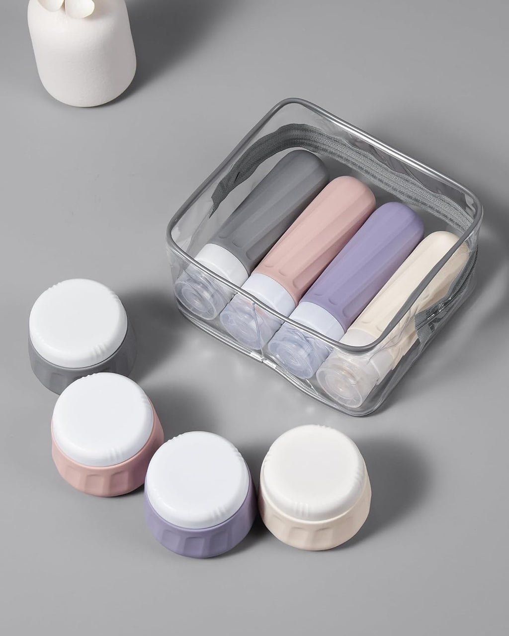 Travel Size Toiletries 8 Pack, TSA Approved 3oz Silicone Squeeze Bottles & Cream Jars with Clear Travel Bag