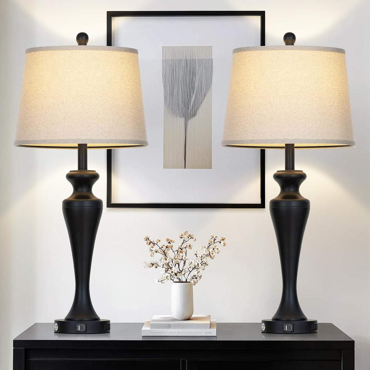 30" Black Table Lamps | Set of 2 | Touch Control | 3-Way Dimmable | USB A+C Ports | AC Outlet | Modern Metal | 2 Bulbs Included