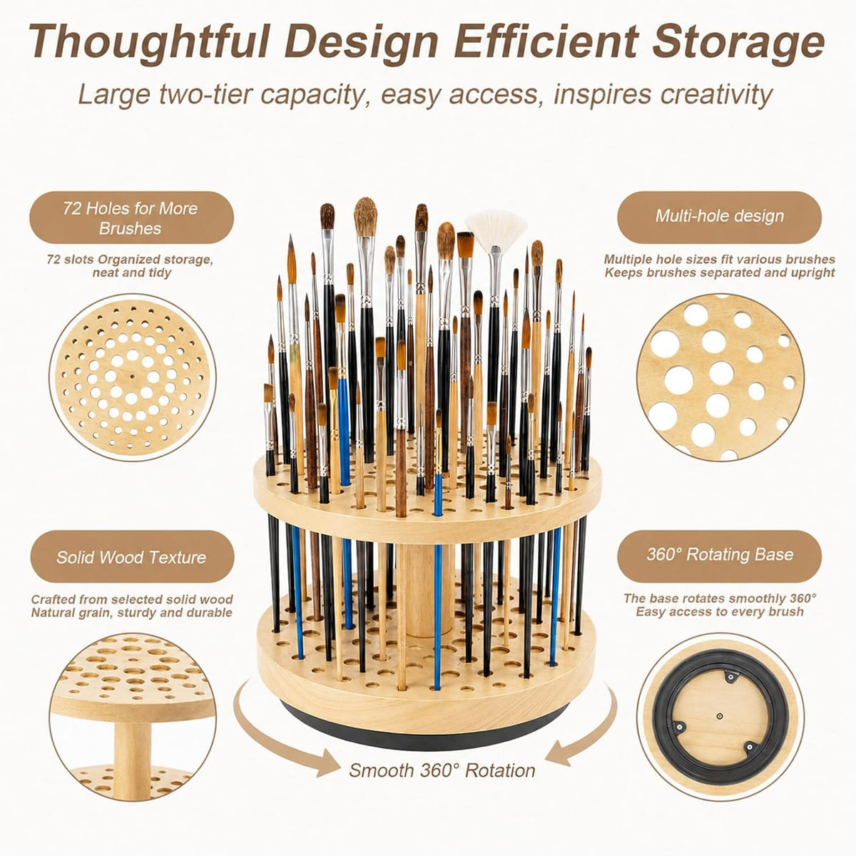360° Rotating Paint Brush Holder, 72-Hole Hardwood Desk Organizer
