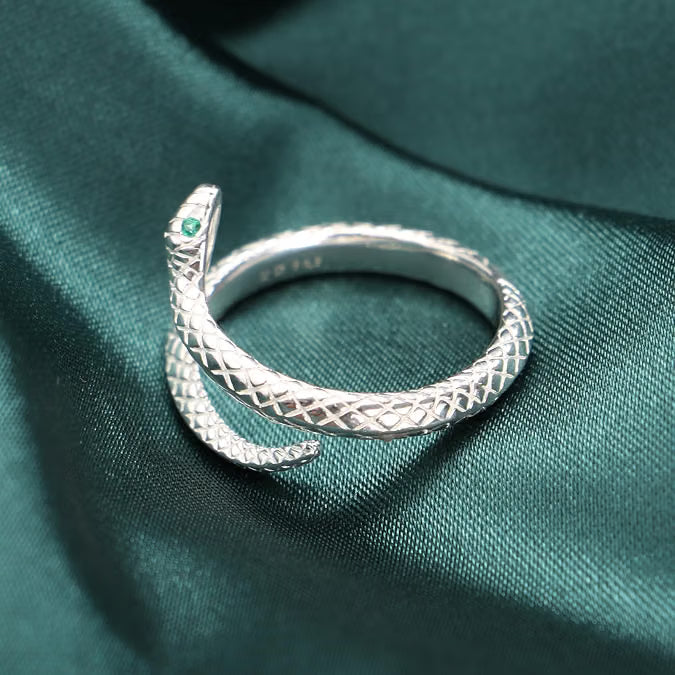 Sterling Silver Snake Ring, Adjustable Green Gem Eye Snake Ring for Women