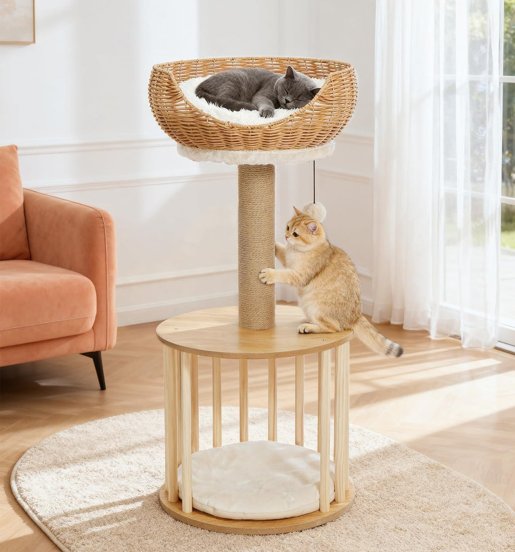 Modern 30" Cat Tree, Hand-Woven Basket Condo with Scratching Post