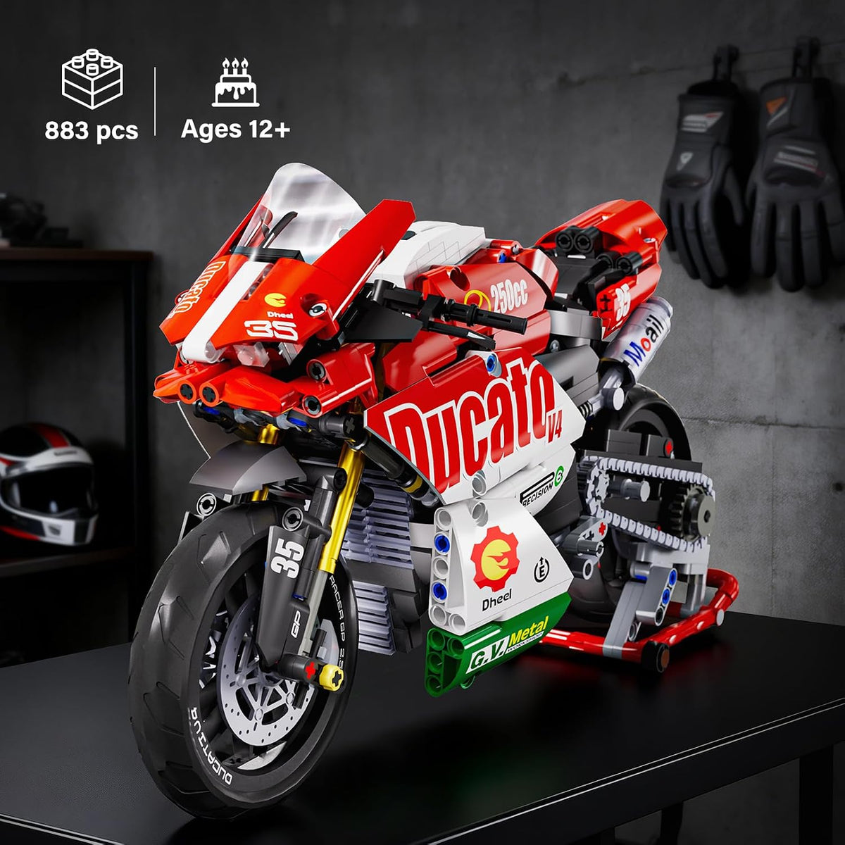 1:10 Motorcycle Building Set, 883-Piece Model Kit with Display Stand