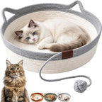 Cat Basket Bed with Cushion & Hanging Ball Toy, Handwoven Cotton Rope Nest