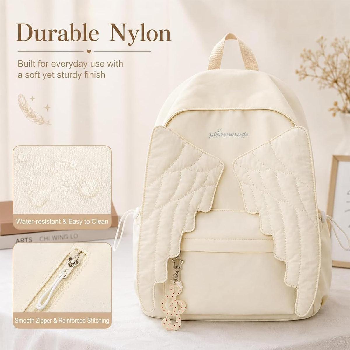 Wing Backpack Lightweight Nylon Daypack For Women Travel (White) Unique Wing Design Adds A Stylish Touch To Daily Carry, Ideal For School, Travel, Shopping And Casual Outings.