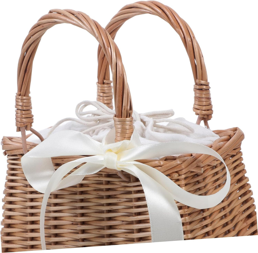 Rattan Flower Basket Container for Home Decoration and Gifts White Simulation Style, Rattan and Cotton Cloth, Portable Storage for Flowers, Proposal or Home Use
