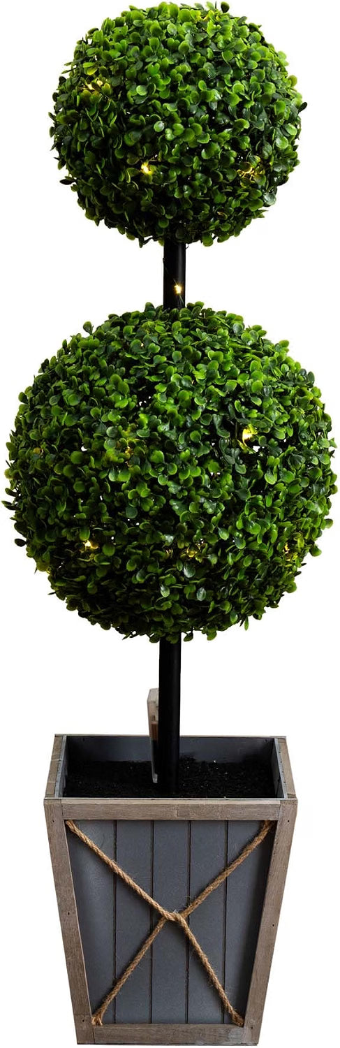 3ft. UV Resistant Artificial Double Ball Boxwood Topiary with LED Lights in Decorative Planter (Indoor/Outdoor)