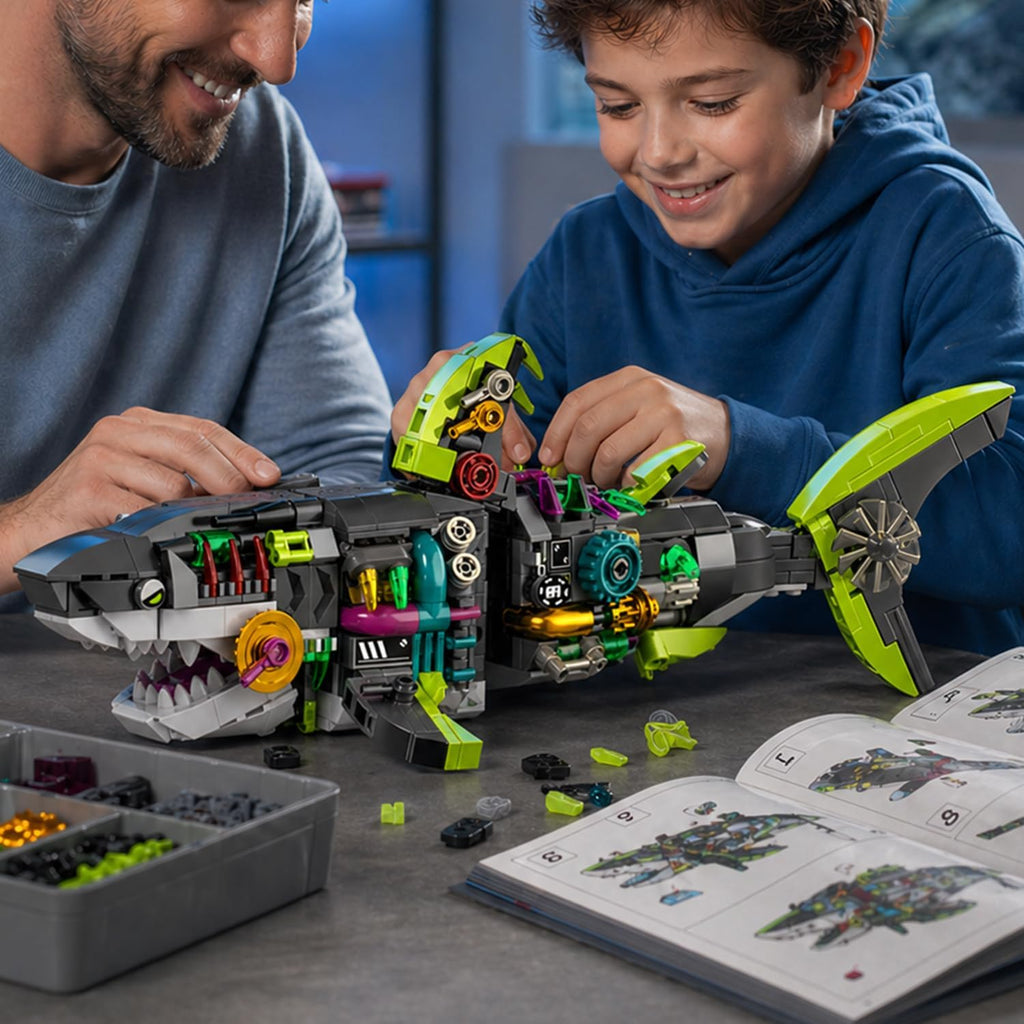 Mechanical Shark Building Set, Glow Shark Model with Rotatable Joints & Stand