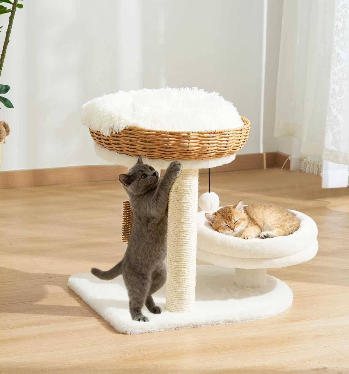 17.7" Modern Cat Tree, Basket Bed with Scratching Post for Small Cats