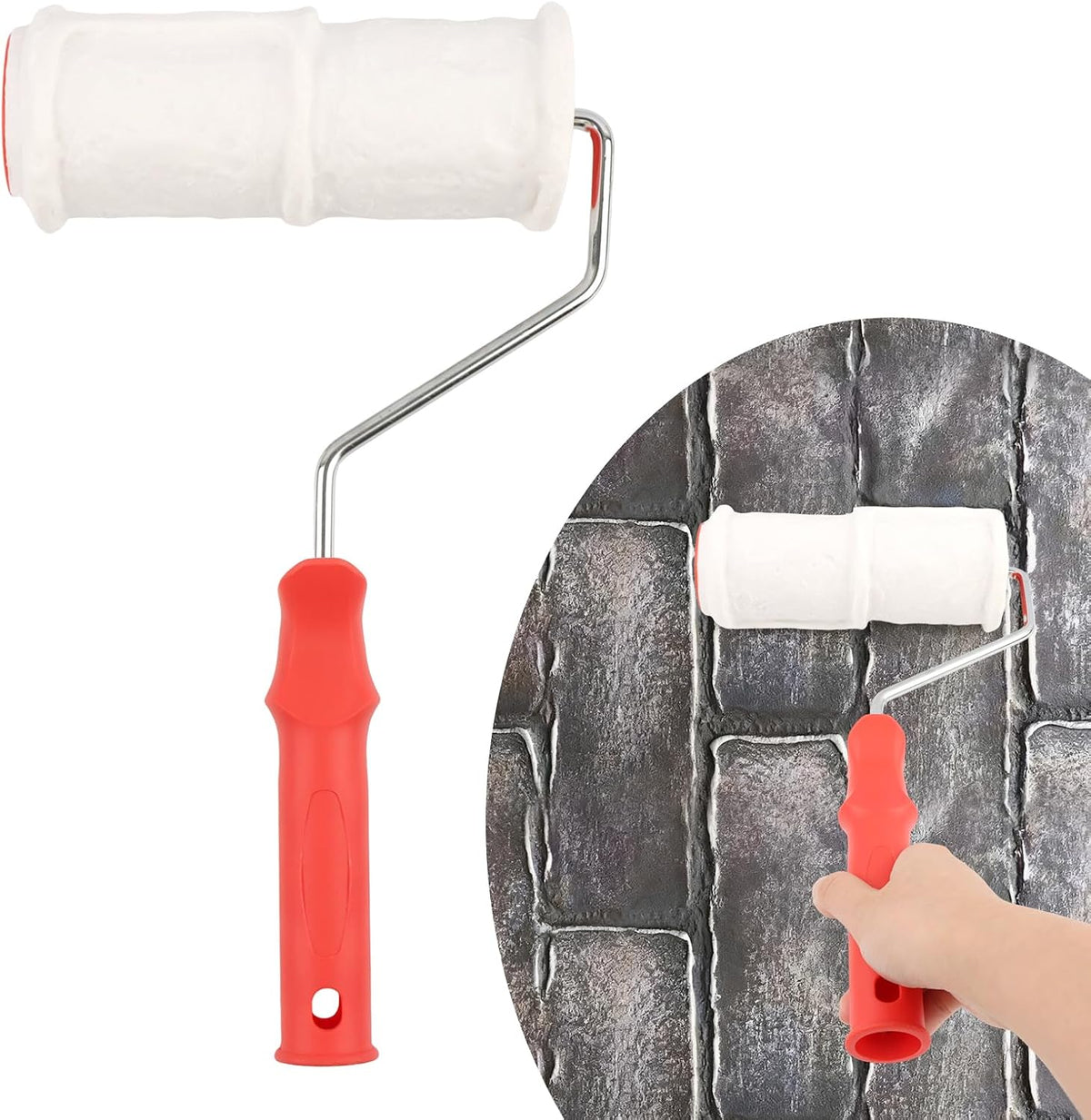 Brick Embossing Roller, Embossing Cylinder Painting Roller with Handle Rubber Imitation Brick Pattern, Household DIY Paint Art Tool for Wall/ Home Renovation/ Concrete Floor Decor