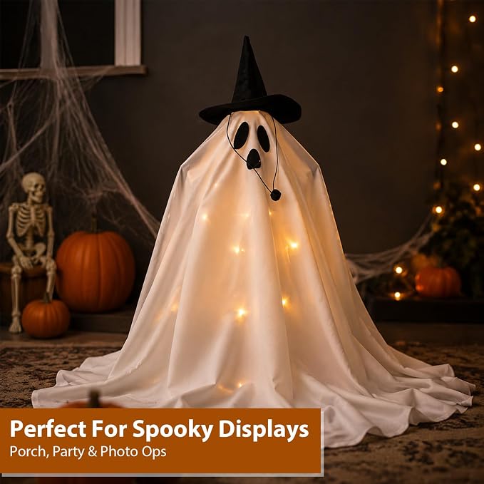 Halloween Goose Outfits, Porch Goose Lighted Ghost Clothes, 23 inch Spooky Ghost Goose Costume with Hat and String Lights, Outdoor Porch Yard Decor