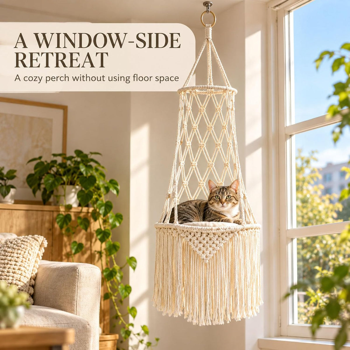 Macrame Cat Bed Hanging, Handwoven Boho Hanging Cat Bed