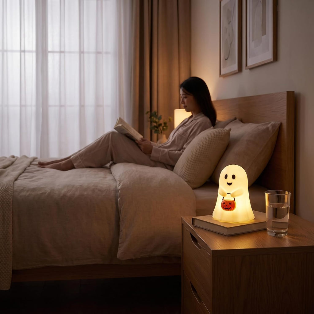 Cute Ghost Night Light with Pumpkin 8in for Indoor Halloween Decor
