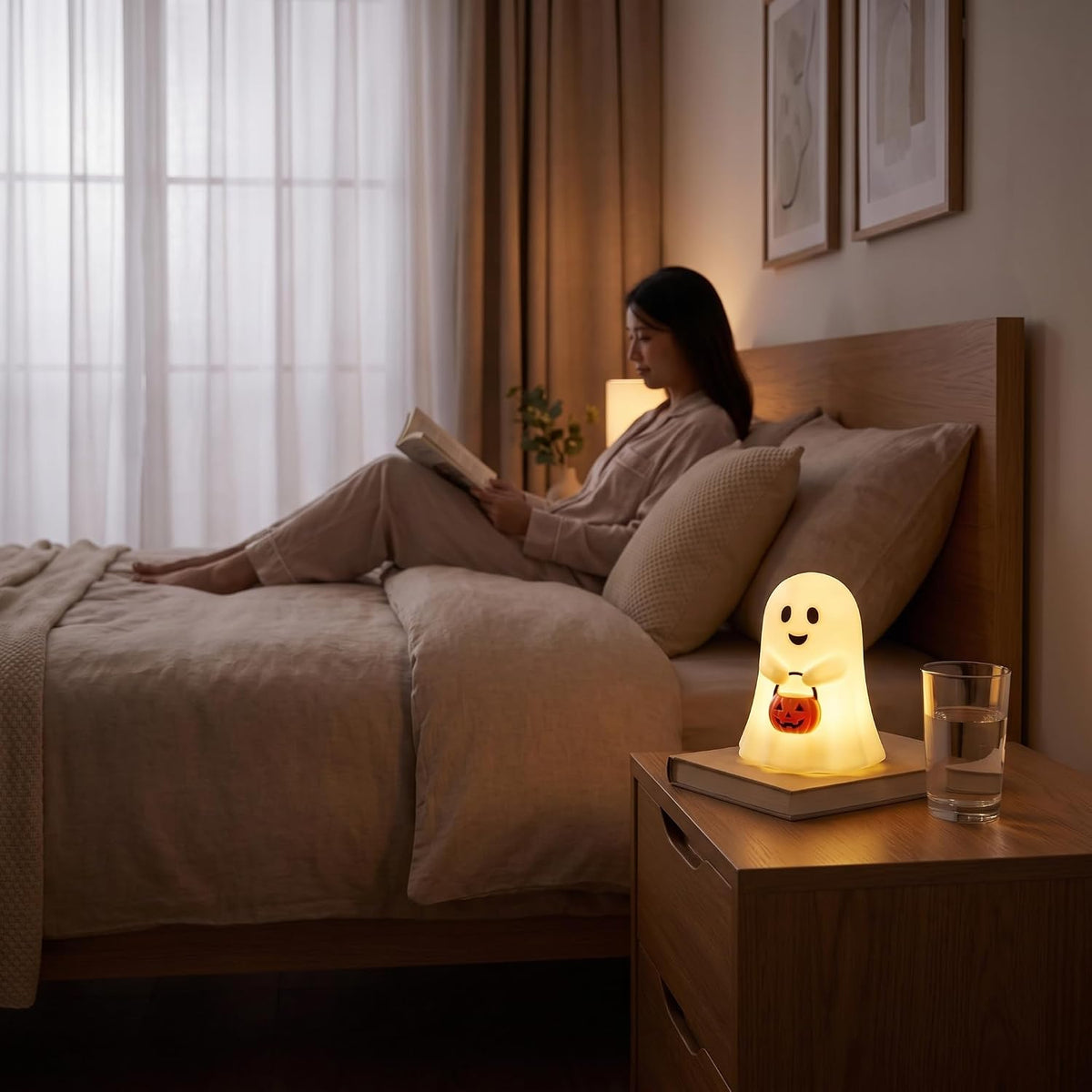 Cute Ghost Night Light with Pumpkin 8in for Indoor Halloween Decor