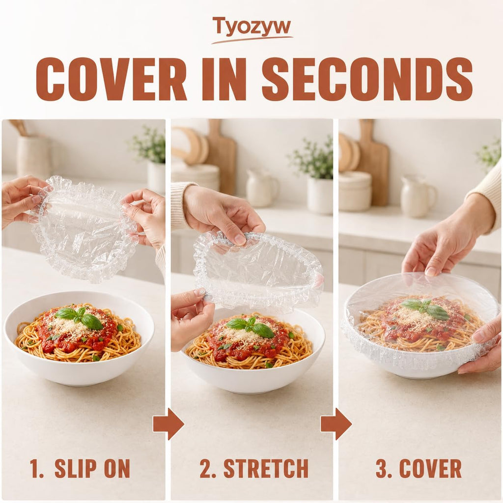 Disposable Elastic Food Covers, Clear PE (100 Pcs) Clear PE covers stretch approximately 15–15.7 in for bowls, plates and containers at home, parties, picnics or travel