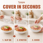 Disposable Elastic Food Covers, Clear PE (100 Pcs) Clear PE covers stretch approximately 15–15.7 in for bowls, plates and containers at home, parties, picnics or travel