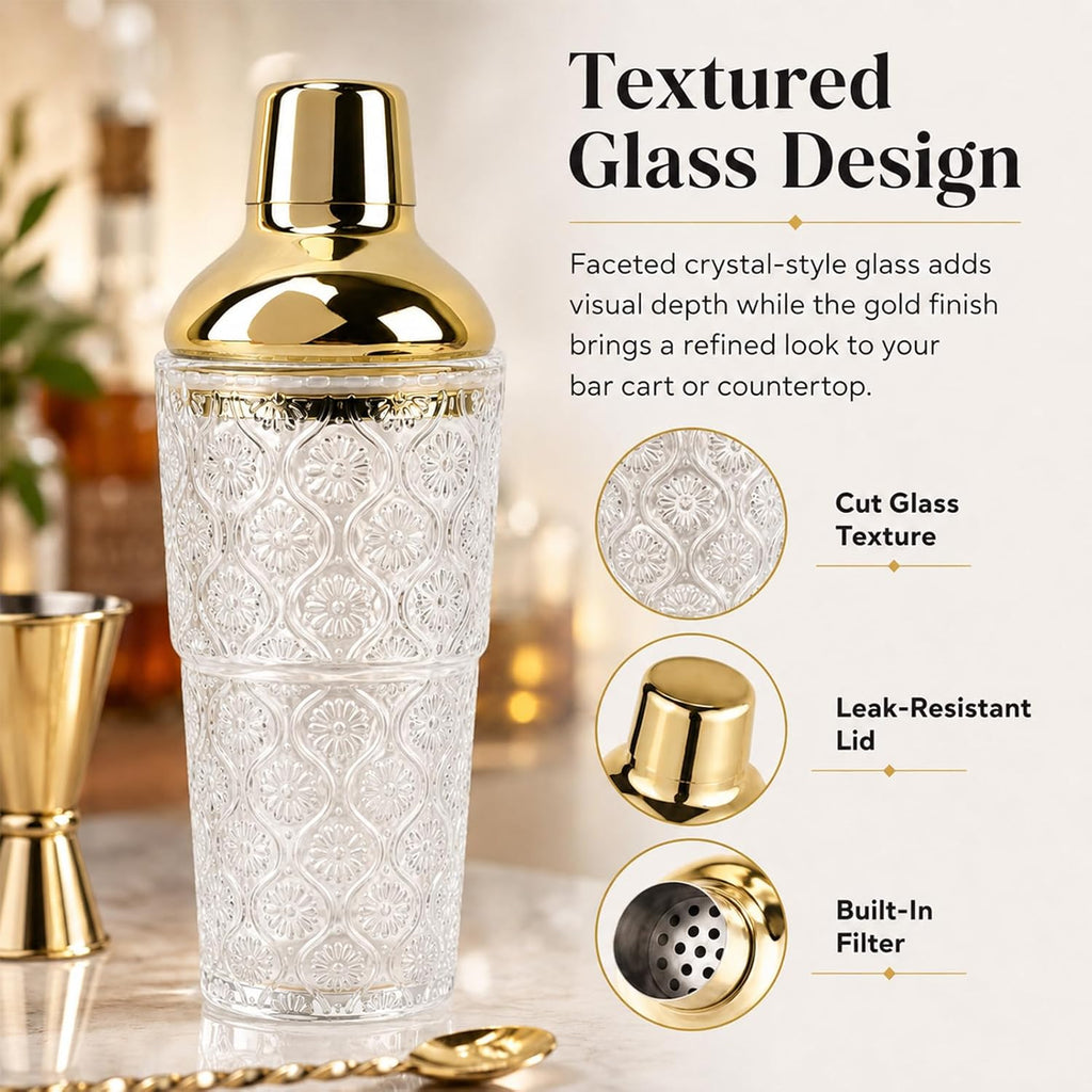 14 oz Clear Glass Cocktail Shaker with Gold Lid, Bartender Kit Cobbler Mixer with Built-In Strainer, Leak-Proof Clear Martini Shaker for Single-Serve Drinks