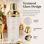 14 oz Clear Glass Cocktail Shaker with Gold Lid, Bartender Kit Cobbler Mixer with Built-In Strainer, Leak-Proof Clear Martini Shaker for Single-Serve Drinks