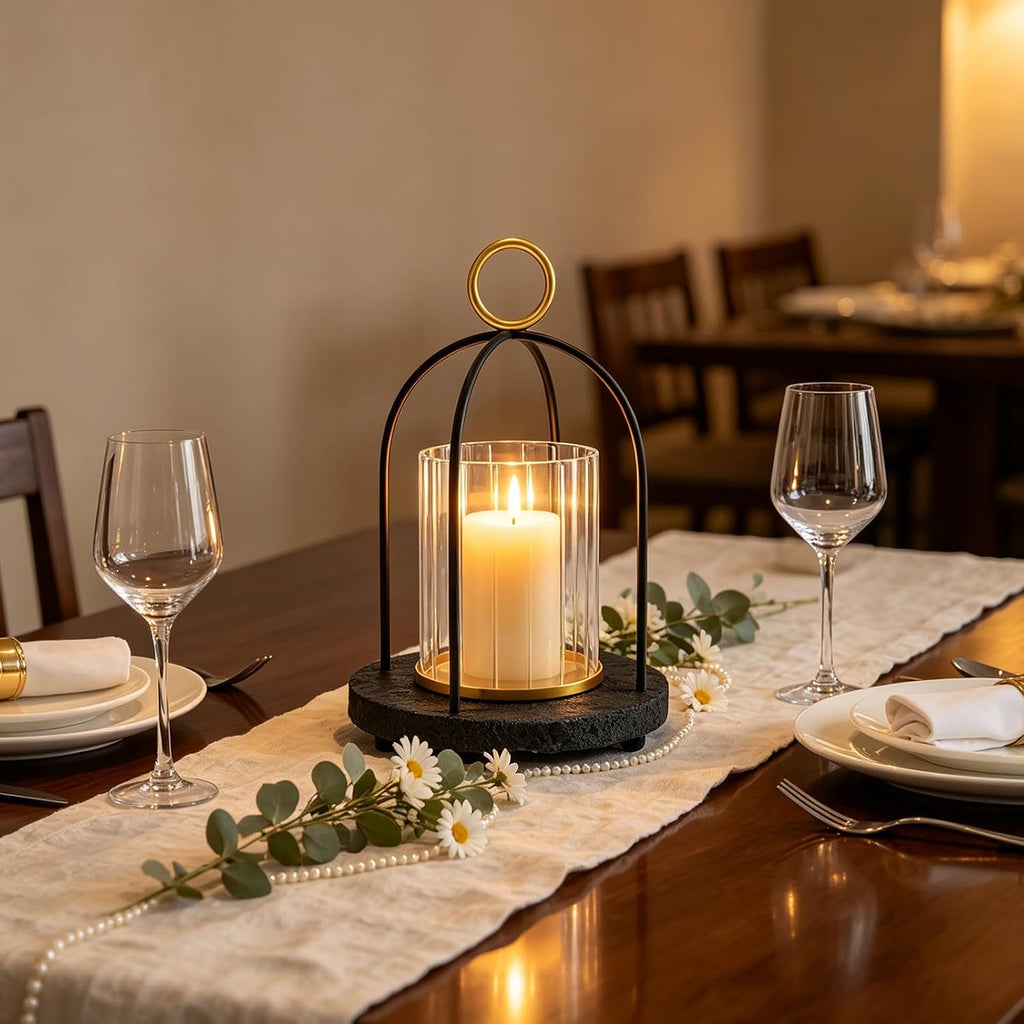 Hurricane Glass Candle Holder with Resin Base, Pillar Candle Lantern Black