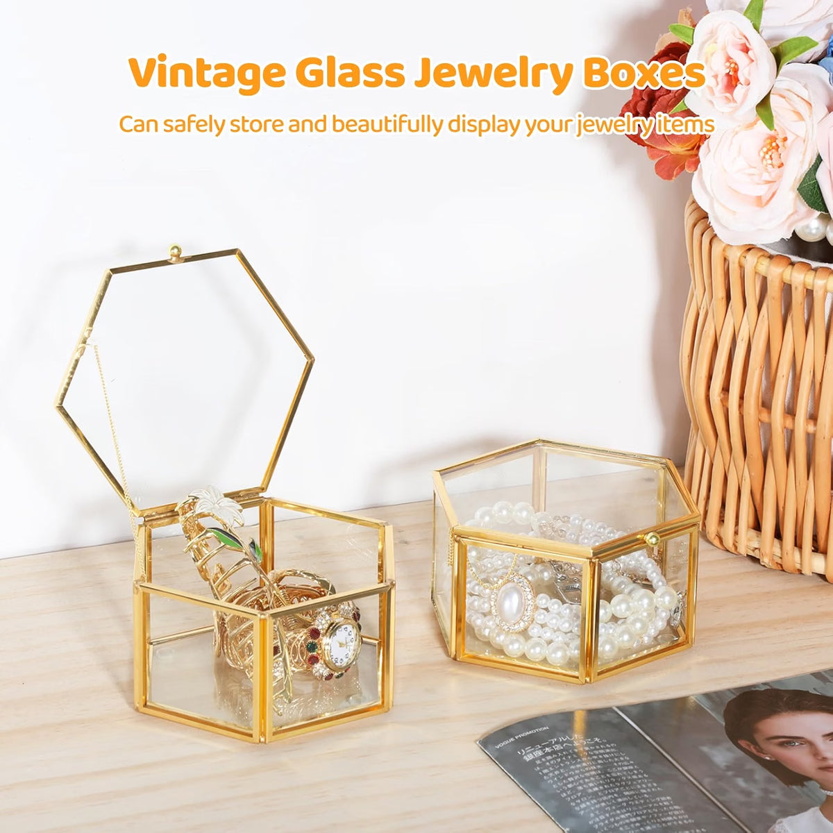 2 Pcs Glass Jewelry Boxes, Vintage Trinket Display Organizers with Lids for Rings, Necklaces & Bracelets