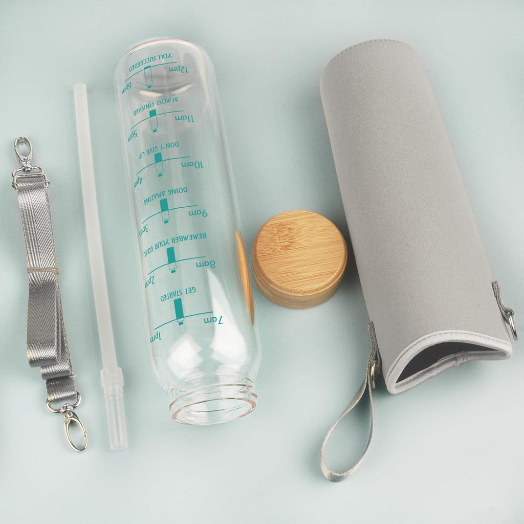 32 oz Borosilicate Glass Water Bottle with Straw, Time Marker & Bamboo Lid