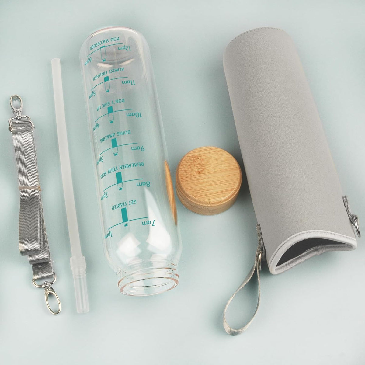 32 oz Borosilicate Glass Water Bottle with Straw, Time Marker & Bamboo Lid