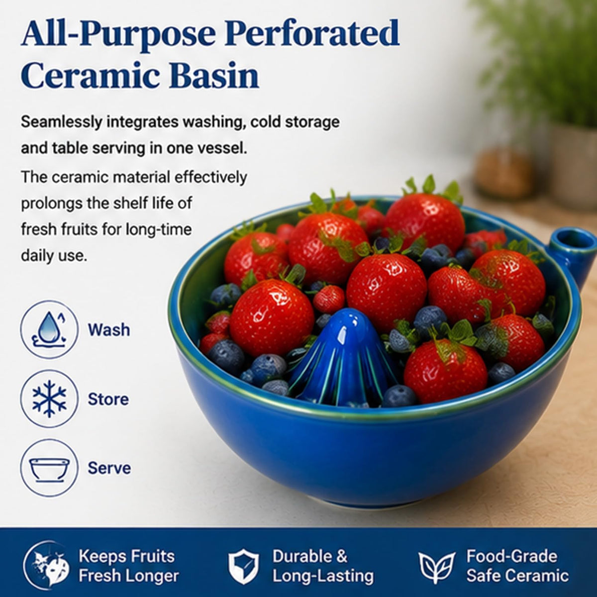 Berry Washing Bowl – Handcrafted Ceramic Berry Washer，B
