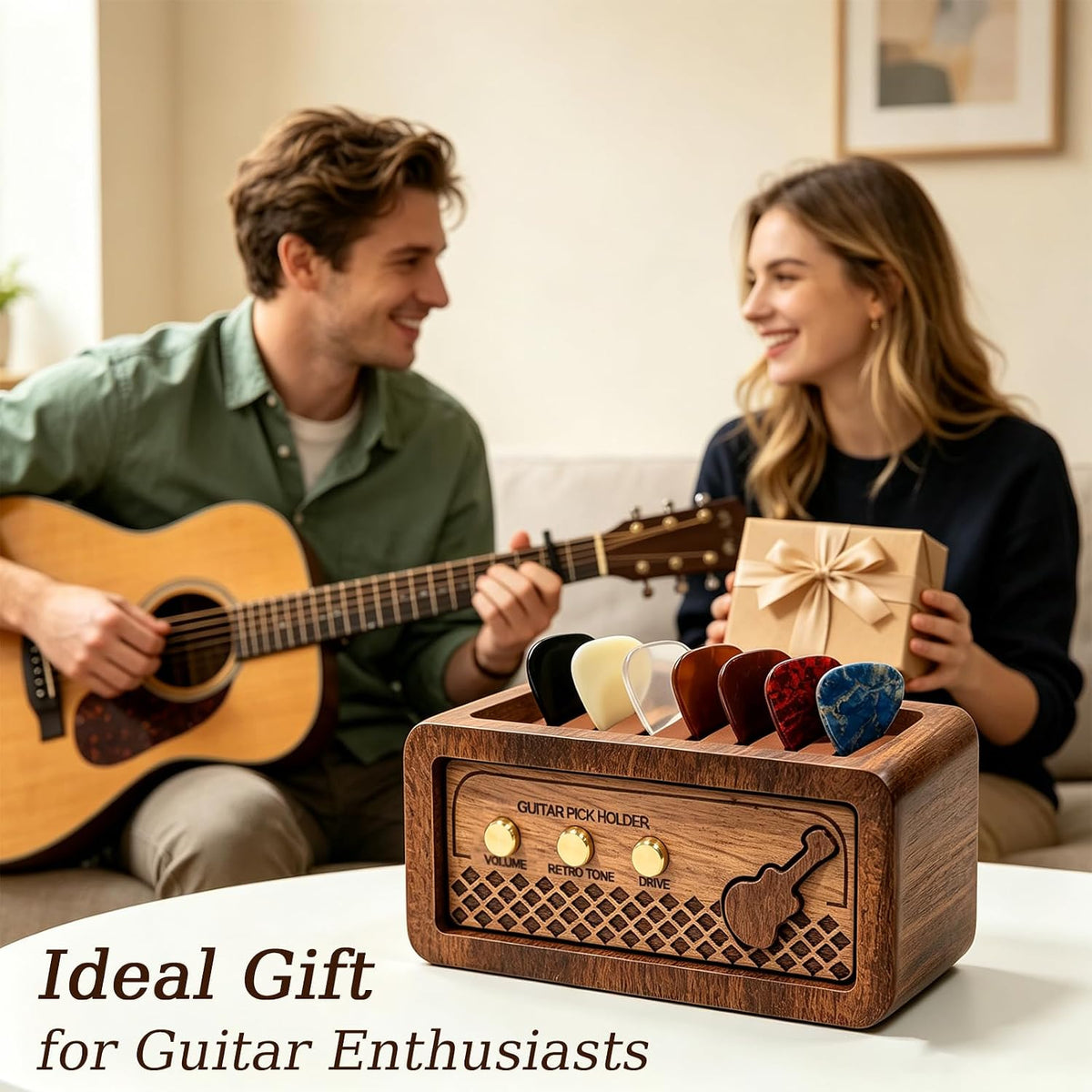 Sapele Wood Guitar Pick Holder, Guitar Pick Box for Pick Storage & Display